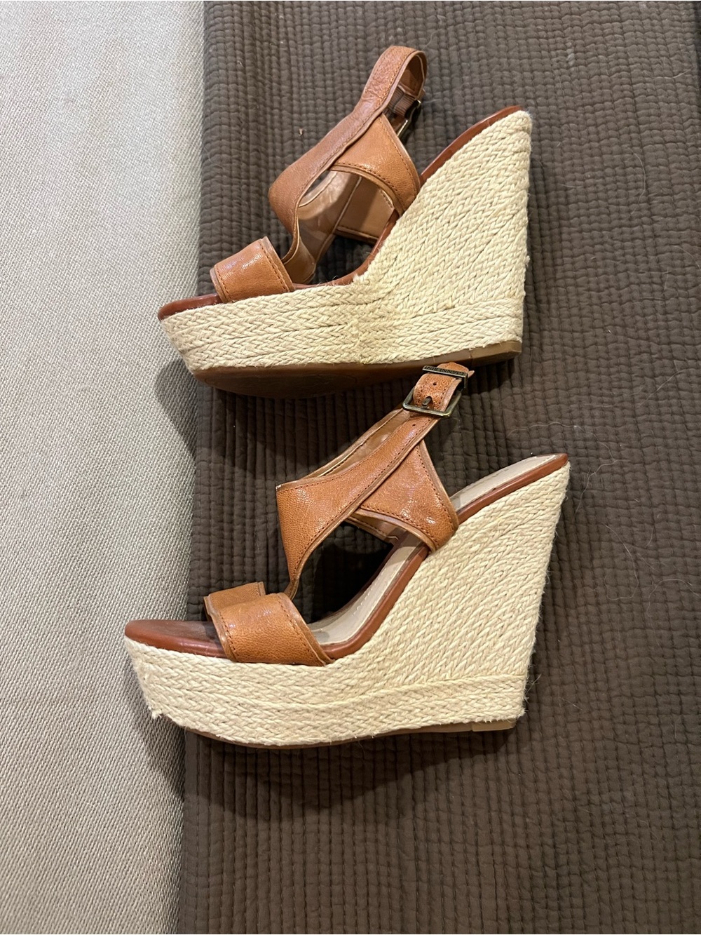 Gianni Bini Brown Leather Espadrille Wedge Sandals